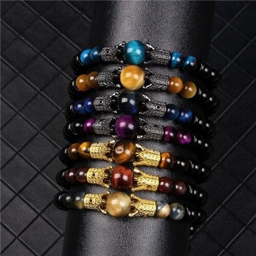 Fashion Colorful Tiger Eye Bracelets For Men Women Crown Charm Spacer Beads Braided Bracelet Adjustable Rope Length Jewelry Gift