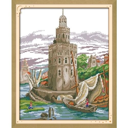 Seaside castle cross stitch kit lanscape garden 14ct 11ct count printed canvas stitching embroidery DIY handmade needlework