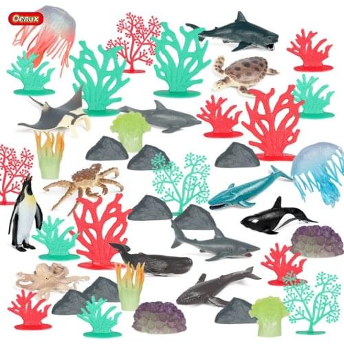 Oenux 46PCS Sea Life World Simulation Ocean Jellyfish Coral Rays Whale Shark Animals Model Action Figures Aquarium Miniature Toy