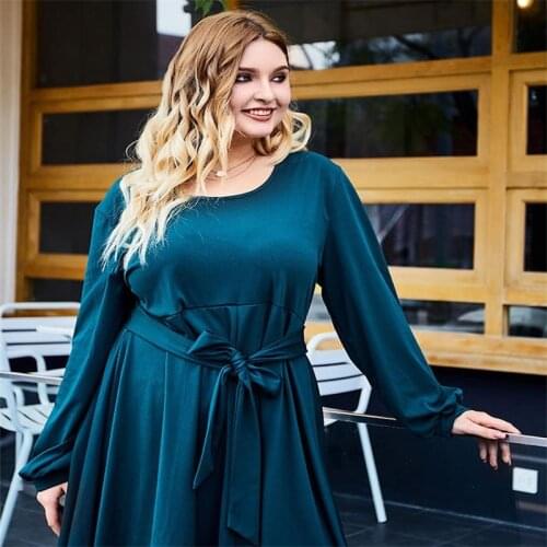 Dress Women Summer 2021 Plus Size 4XL Round Neck Bandage Long Sleeve Mini Skirt Leisure Vacation Dating Green Fashionable Loose