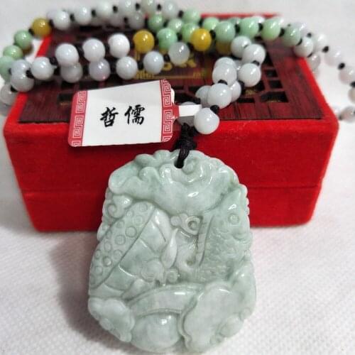 Zheru Jewelry Pure Natural Jadeite Light Green Fish and Lotus Leaf Pendant Three-Color Jadeite Jade Bead Necklace