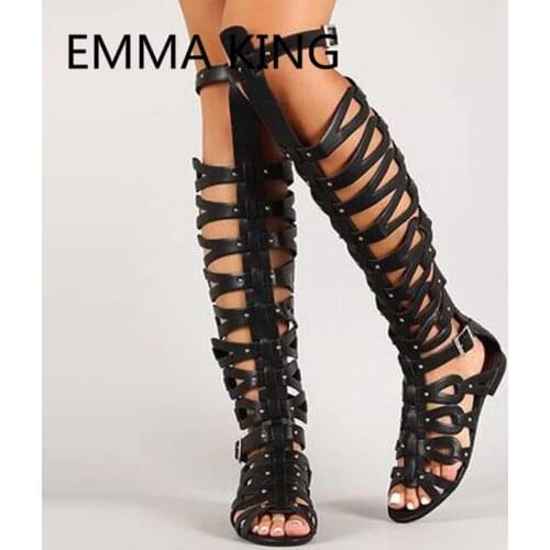 Rome Style Women Casual Flat Sandals Open Toe Cutout High Heels Buckle Ladies Party Shoes Woman Over The Knee Gladiator Sandals
