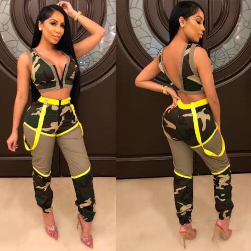 Sexy European American camouflage zipper two-piece nightclub suit polyester printing pants sleeveless uniform vest camouflage