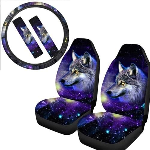 INSTANTARTS Galaxy Wolf Pattern Comfortable Seat Protector Easy to Install Steering Wheel Cover Set Car Seat Belt Covers for Men