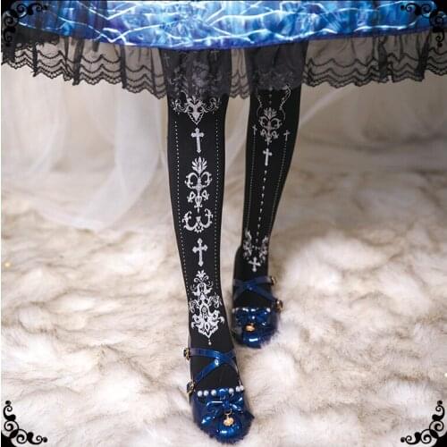 Vintage Womens Lolita Tights Luxury Cross Velvet Pantyhose Bronzing Cosplay Kawaii Cute Elegant Socks Sweet Black / White Japan