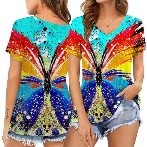 Beautiful Butterfly Print Tshirt Floral T Shirt Life Print Women Short Sleeve V Neck Loose Women Tshirt Summer Tops Clothes