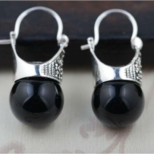 Mujer moda pendientes oorbellen earring Pendientes 925 sterling black stone allergy free retro Thai drop earrings