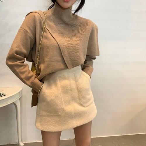 Sweater Women Two Piece Set Chic Autumn Winter V Neck Knitted Loose Pullovers + Sleeveless Stand Collar Shawl Tops Suits