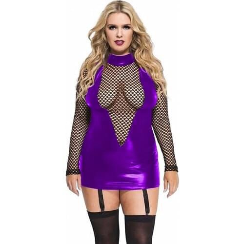 Women Fishnet Leather pu Dresses Long Sleeve Mesh Shiny Punk Party Dress Black Vestido Sexy Clubwear Plus Size Cosplay Costume