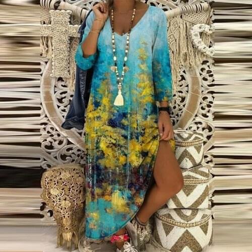 Women Fashion Floral Print Long Party Dress 2021 Spring V Neck 3/4 Sleeve Maxi Dress Vintage Loose Summer Beach Dresses Vestidos