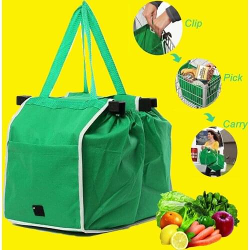 10pcs Foldable Shopping Bags Reusable Large Trolley Clip-To-Cart Grocery Supermarket Storage Bags Portable Green Cloth Handbags