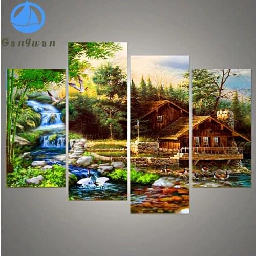 4 Panel Diamond Painting forest Cottage full square drill cross stitch mosaic diamond embroidery Waterfall Landscape hut decor