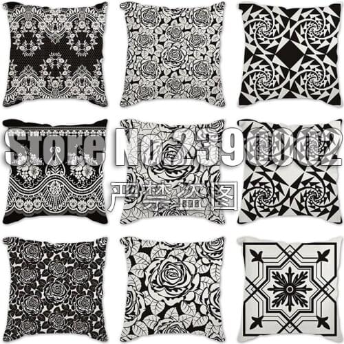 45*45cm Black flowers Striped Geometric Cushion Cover Polyester Pillowcase Cojines Decorative Para Sofa Home Bedroom Sofa Decor