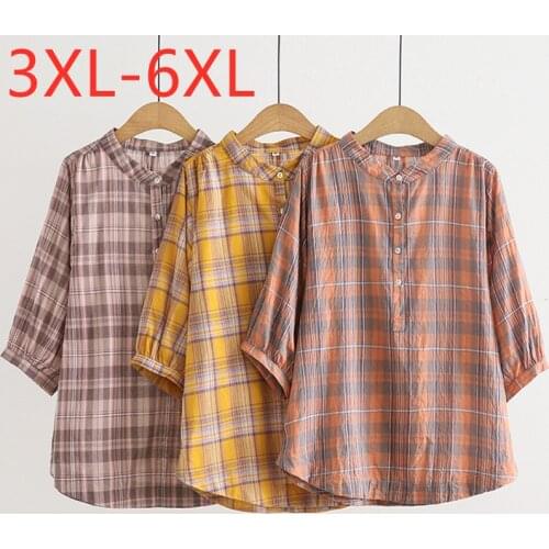 New 2021 Ladies Spring Summer Plus Size Tops For Women Large Blouse Half Sleeve Loose Casual Cotton Plaid Shirt 3XL 4XL 5XL 6XL