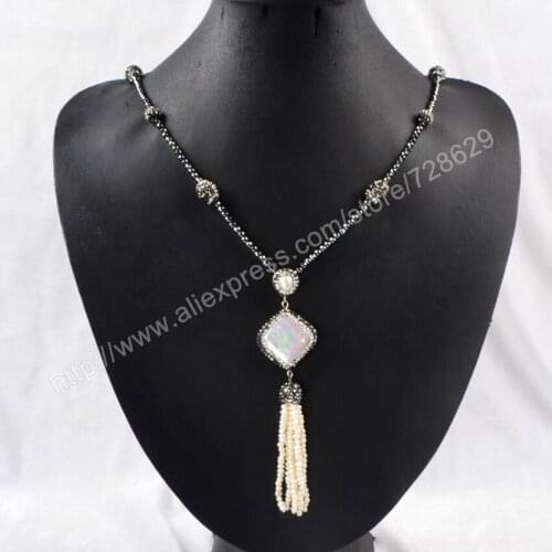 BOROSA Natural Freshwater Pearl Square Pave rhinestone Tassel necklace pave Zircon bead 30" natural hematite gems jewelry JAB388