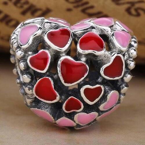 Original Openwork Pink & Red Enamel Burst Of Love Heart Beads Fit 925 Sterling Silver Charm Bracelet Bangle Diy Jewelry