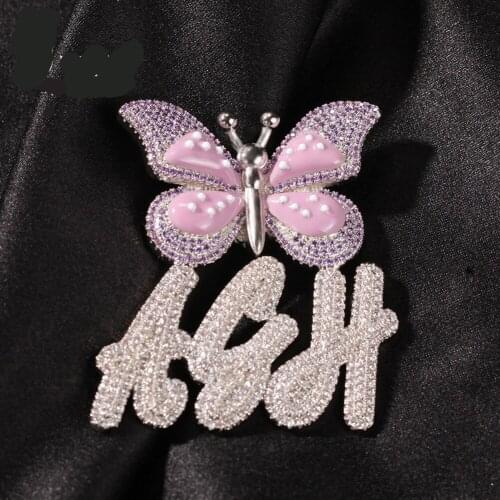 1 Hip Hop Jewelry Name Necklace Brush Letters with Butterfly Custom Initial Pendant Iced Personalised Necklace Gift for Lover