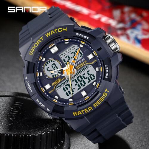 SANDA Sports Chronograph Mens Watch 50m Waterproof Dual Display Quartz Watch Luminous Clock Stopwatch Watch Orologio da uomo