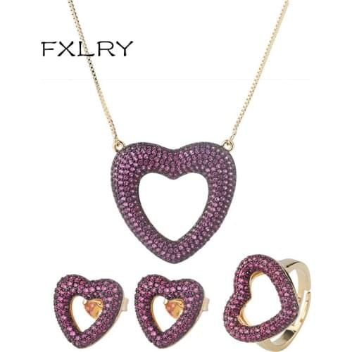 FXLRY Gold Color Hollow Heart Shape Full Paved AAA Cubic zirconia Rings Stud Earrings Pendant Necklaces women Jewelry Set