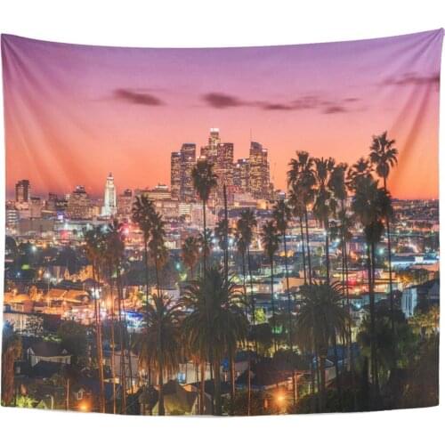 Beautiful Sunset of Los Angeles Downtown Skyline and Palm Tapestry Home Decor Wall Hanging for Living Room Bedroom Dorm 50x60 in