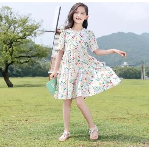 Summer Dresses for Girls Short Sleeve Floral Printing Dress Kids Girls Princess Pleated Dress Teens Childrens Clothing Vestidos