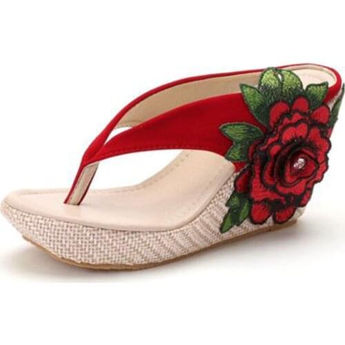 New 9 cm comfortable wedge slippers embroidered flowers sandals large sandals waterproof platform sandals