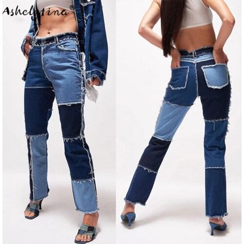 Sexy ladies high waist jeans trousers color block patchwork slim jeans streetwear pants wholesale