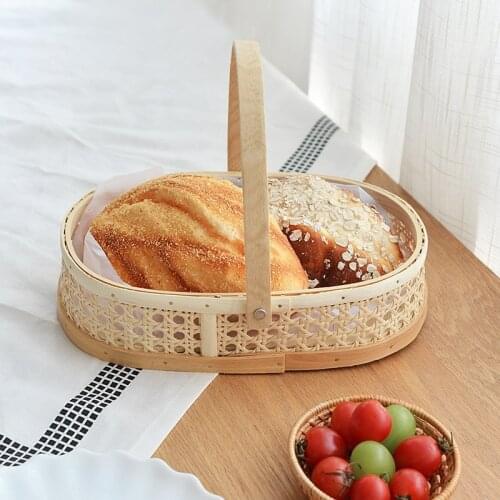 Rattan Storage Basket with Handle FarmhoUse Rattan Woven Tray Bread FrUit Food Breakfast Display Basket for Home Decor