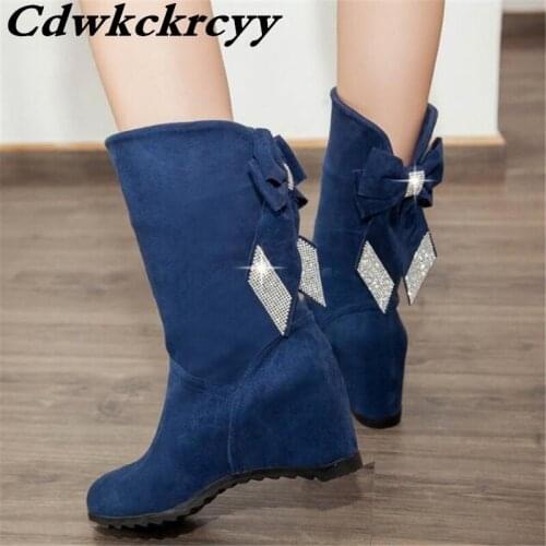 Promotion product Autumn and winter Korean Edition Internal increase Martin boots Rhinestone Bow Slope heel Women Boots 34-43