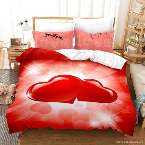 Romantic Red Love Heart 3D Printed Bedding Set Soft Duvet Cover with Pillowcase Set Bed Linens Bedclothes for Wedding Valentines