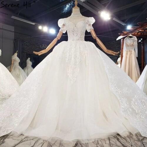 Ivory Luxury Puss Sleeves Sexy Wedding Dresses 2021 Dubai High-end Beading Lace Bridal Gowns HX0250 Custom Made