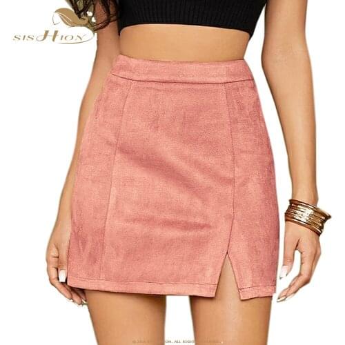 SISHION Autumn Ladies Women Suede Skirt Slit Front Brown Leopard Short Sexy Mini Skirts VD2324