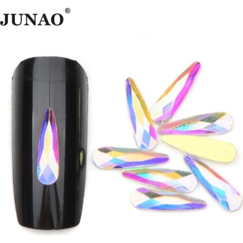 JUNAO 50pcs 3*10mm Glitter AB Glass Crystal Nail Art Rhinestone Drop Nail Sticker Flat Back Crystal Stone Non Hot Fix Strass
