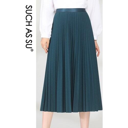 SUCH AS SU Korean Women Pleated Black Gray Coffee Peacock blue Knit Wool High Waist Skirts Female Ankle-Length Big Swing Skirt