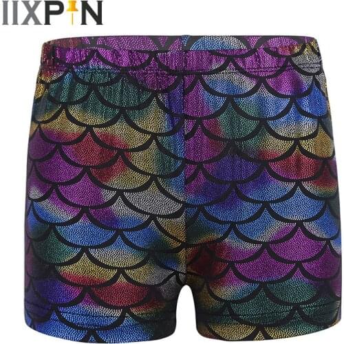 Girls Dance Shorts Sparkle Gymnastic Leotard Shiny Mermaid Scales Printed Dance Shorts Bottoms Activewear Sports Workout for Kid