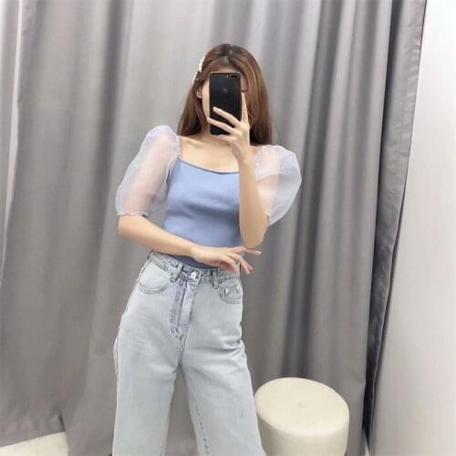 MESTTRAF Women 2021 Fashion Net Gauze Puffy Sleeve Square collar Top Slim Short-Sleeved Knitted Streetwear