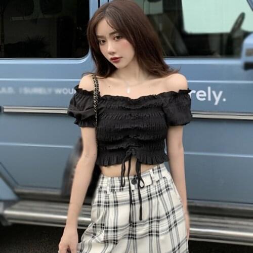 Womens Solid Slash Neck Casual Shirt Summer Sweet Sexy Exposed Navel Short Sleeve Tops