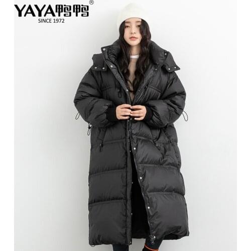 YAYA 2021 Womens Winter White Duck Down Jacket Thicker Loose Super Long Warm Down Overcoat Hooded Windbreak Padded Outerwear