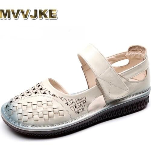 MVVJKE summer shoes for women leather gladiator sandals women solid round toe genuine leather women sandals Sandalias Mujer