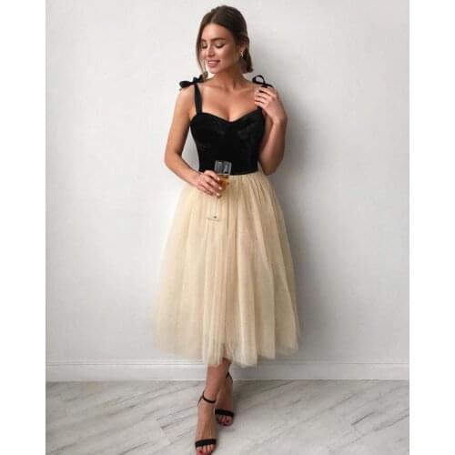 Black Velvet Top Prom Dresses Spaghetti Sweetheart Cocktail Dress A Line Tulle Tea Length Bride Vestidos De Novia Homecoming