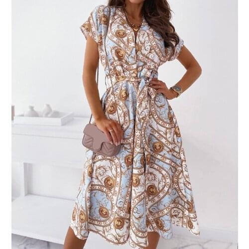 Floral Printed Bandage Shirt Dress With Button Women V-Neck Short Sleeve Long Dresses For Woman 2021 Ladies Clothes Streetwear