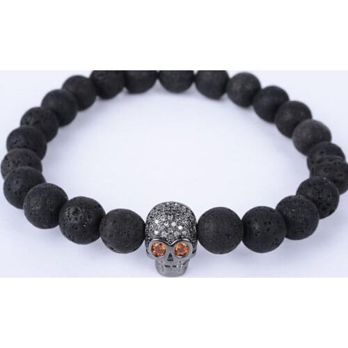 8mm kg5 silver gold copper skull micro pave cz zircon cubic zirconia Bracelet black volcanic lava stone Buddha Yoga Bangles