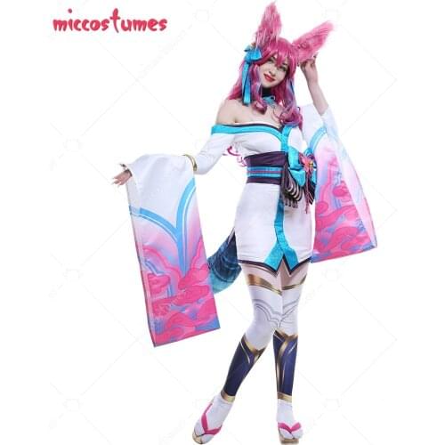 Ahri The Soul Lotus Spirit Blossom Cosplay Costume Dress Set with Tail and Fox Ears