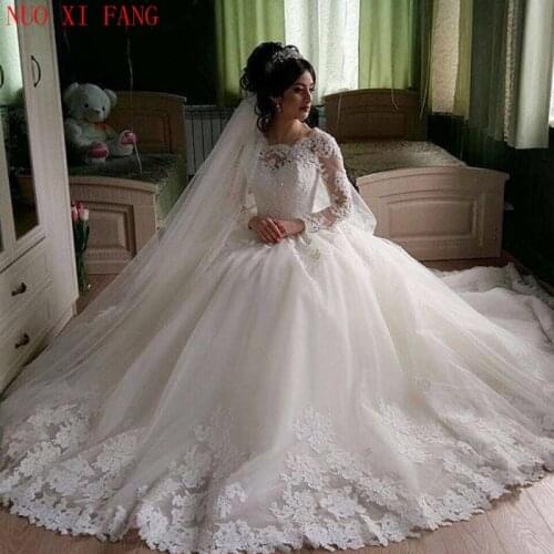 Robe de mariage Ball Gowns White Lace Applique Wedding Dresses Elegant Long Sleeves Bridal Wedding Gowns 2020 Vestidos De Noiva