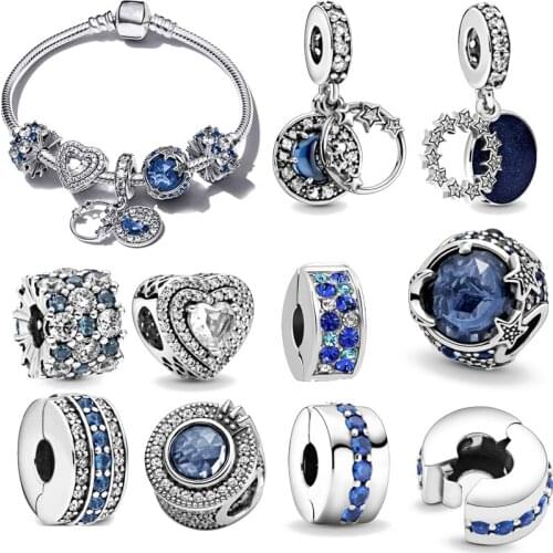 New Original Silver Heart Blue Interstellar Charm Bead fit Pandora charms silver 925 beads Bracelet for women DIY Jewelry Gift