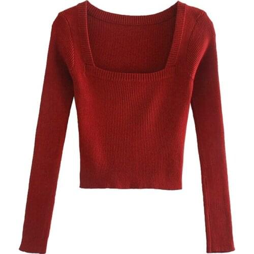 Elasticity ladies pullover jumper Vintage Square Neck Women Sweater Red Long Sleeve Female knitted sweater