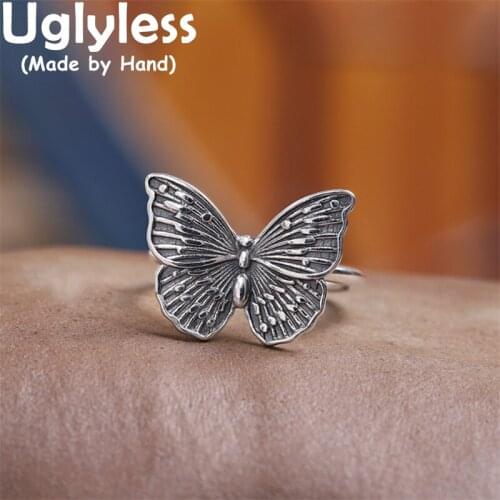 Uglyless Thai Silver Handmade Butterfly Rings for Women Ethnic 925 Silver Insects Butterflies Jewelry Glossy Silver Jewelry