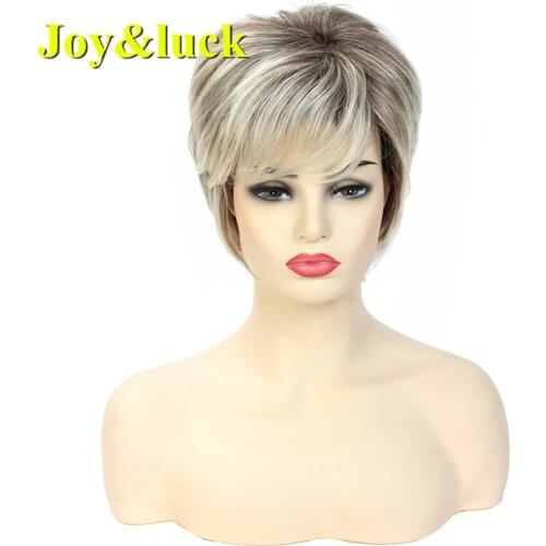 Joy&luck Fashion Blonde Mixed Brown Short Straight Wigs Synthetic Wig For Women