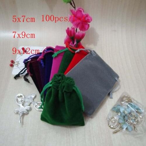 100pcs/Lot Multicolor Velvet Bags Jewellery Pouches 5x7 7x9 9x12 cm Drawstring Gifts Bags Christmas Wedding Gifts Packaging Bags