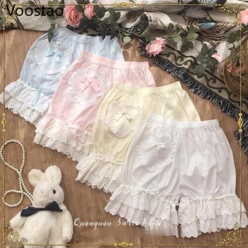 Sweet Women Gothic Lolita Safety Shorts Pants Japanese Girls Cute Lace Bow Ruffles Stretchy Underpants Chic Cotton JK Bloomers